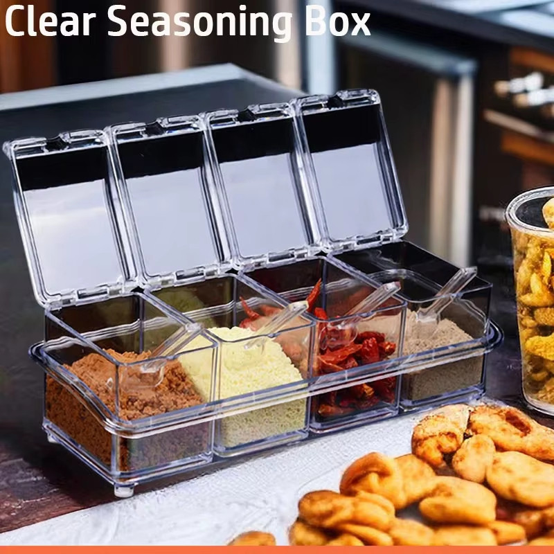 4Pcs Crystal Seasoning Storage Container Transparent with Spoon and ...