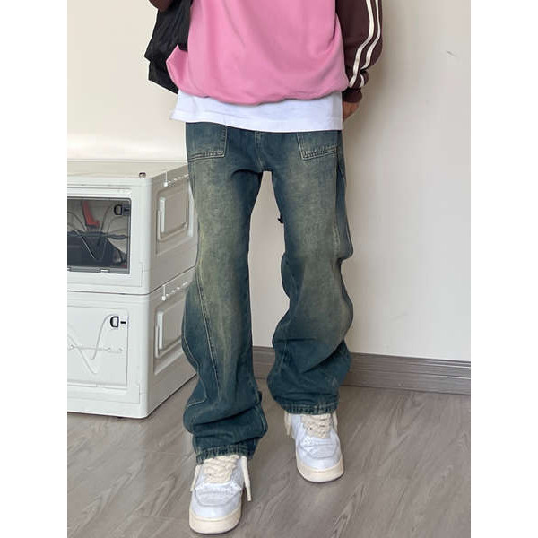 saferido 2024 High Street Vibe American Heavy Craft Side Fold Washed Old Jeans with High Grade Waste Soil Style Trousers streetwear