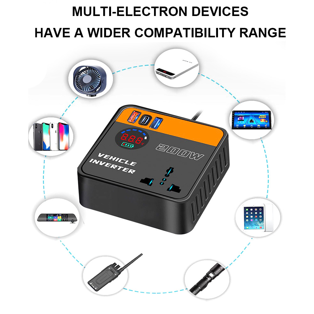 200W Universal Car Power Inverter 12V/24V to 220V Smart Car Power ...