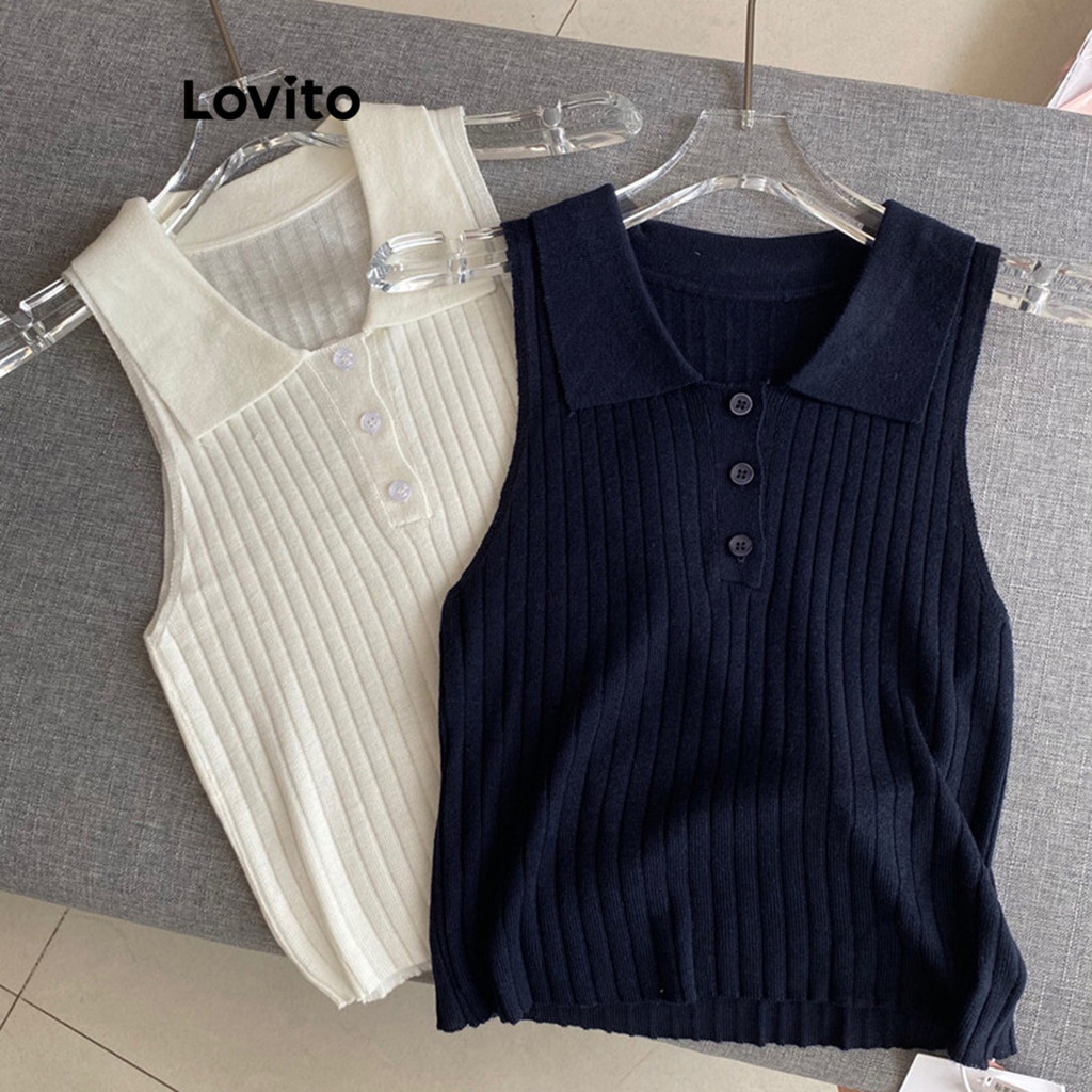 Lovito Women Casual Plain Button Front Knit Top L86ED109 | Shopee ...