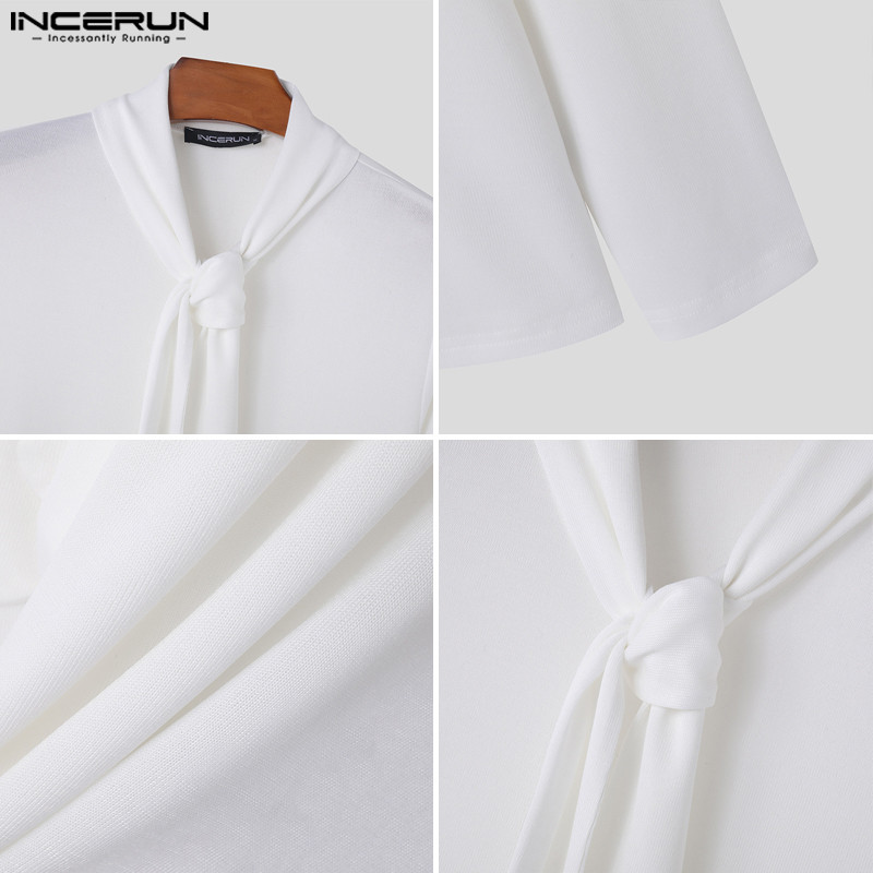 INCERUN Men Korean Fashion Ribbon Design Solid Color Long Sleeve T ...