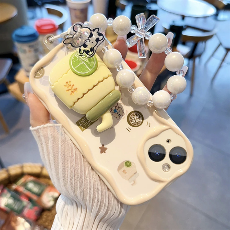 Custodia a onde 3D compatibile con iPhone 15 14 13 12 11 PRO MAX XR XS X 8 7 6 6S PLUS custodia trasparente antisismica con supporto a limone e braccialetto a forma di mucca_voghion.com