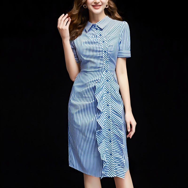 Korean Blue Elegant Stripe Ruffle Dress 066 | Shopee Philippines