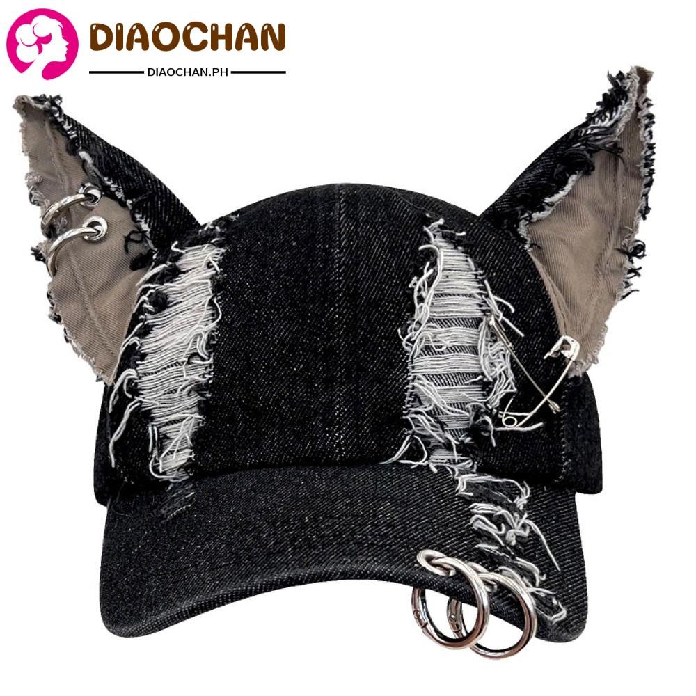 DIACHAPH Baseball Cap, Cat Ear Iron Ring Trucker Hat, Y2k Denim Hip Hop