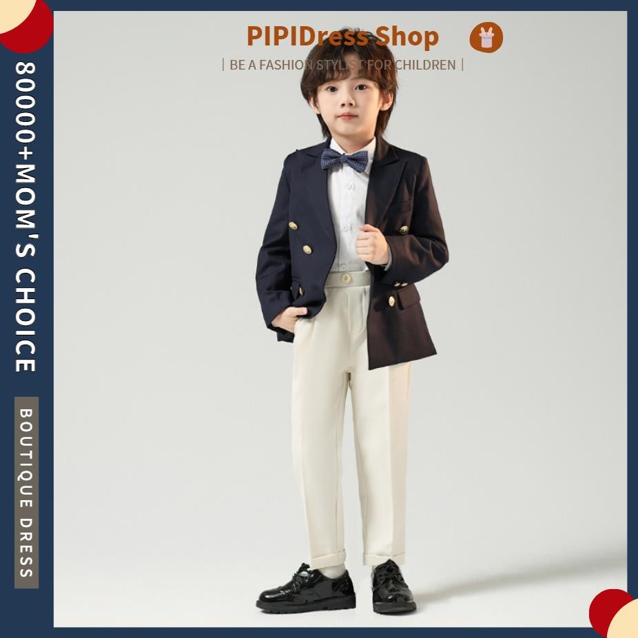 PiPi 4Pcs Boys Suit Tuxedo Blazer Jacket Pants Vest Bowtie Set Kids Formal  Suits for Wedding Party Attire 2-14 Years