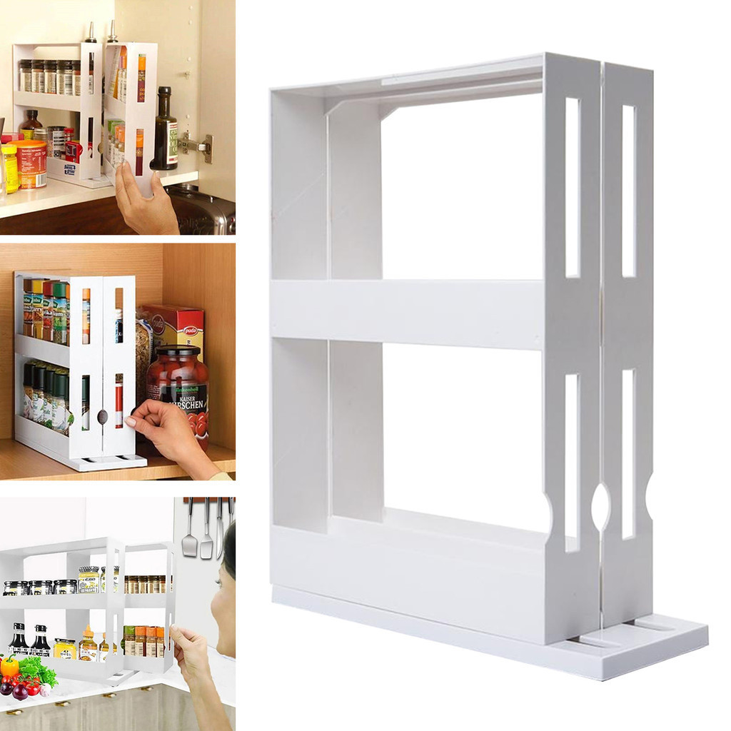 New White Kitchen Condiment Spice Organizer Rack Rotating Storage Shelf