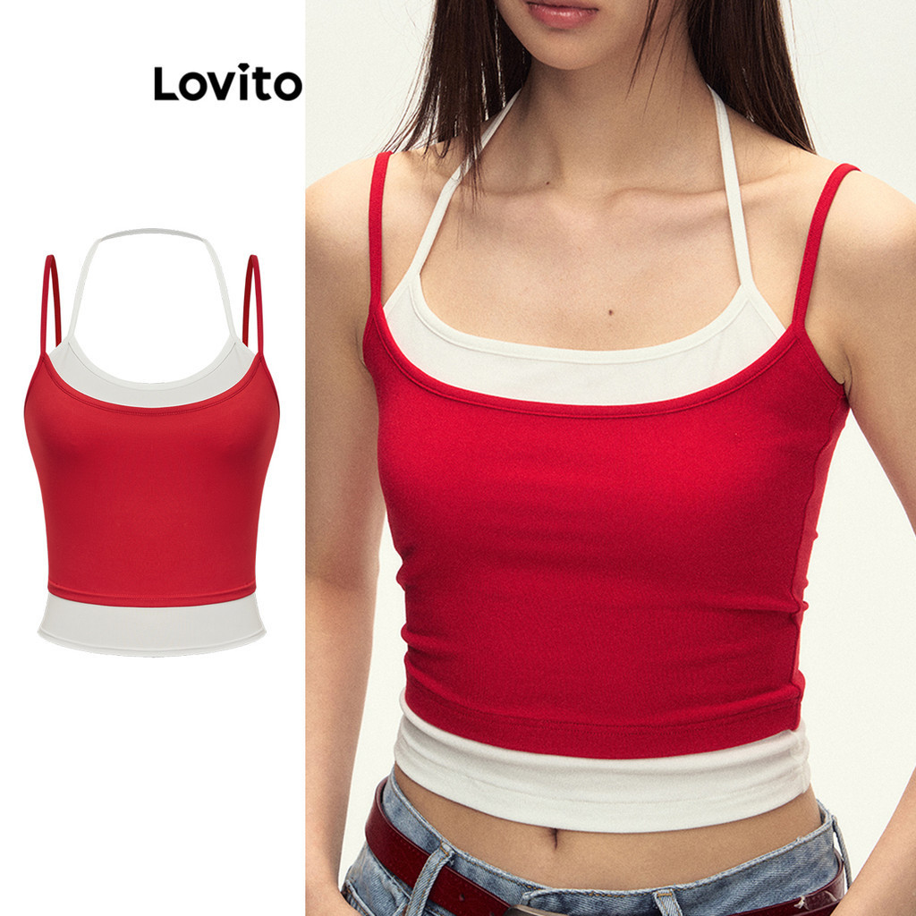 Lovito Women Casual Plain Fake 2 In 1 Colorblock Tank Top L98AD056 ...