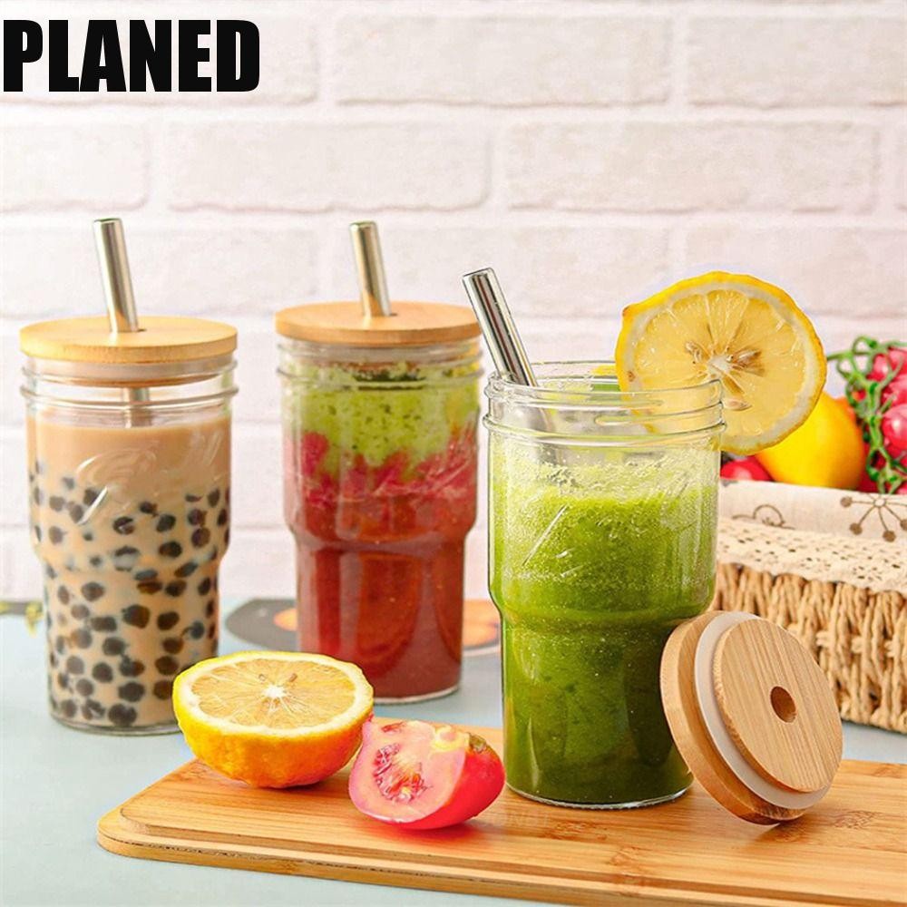 PLANED Glass Boba Cup, Bamboo Lids with Straw Glass Bubble Tea Cup ...