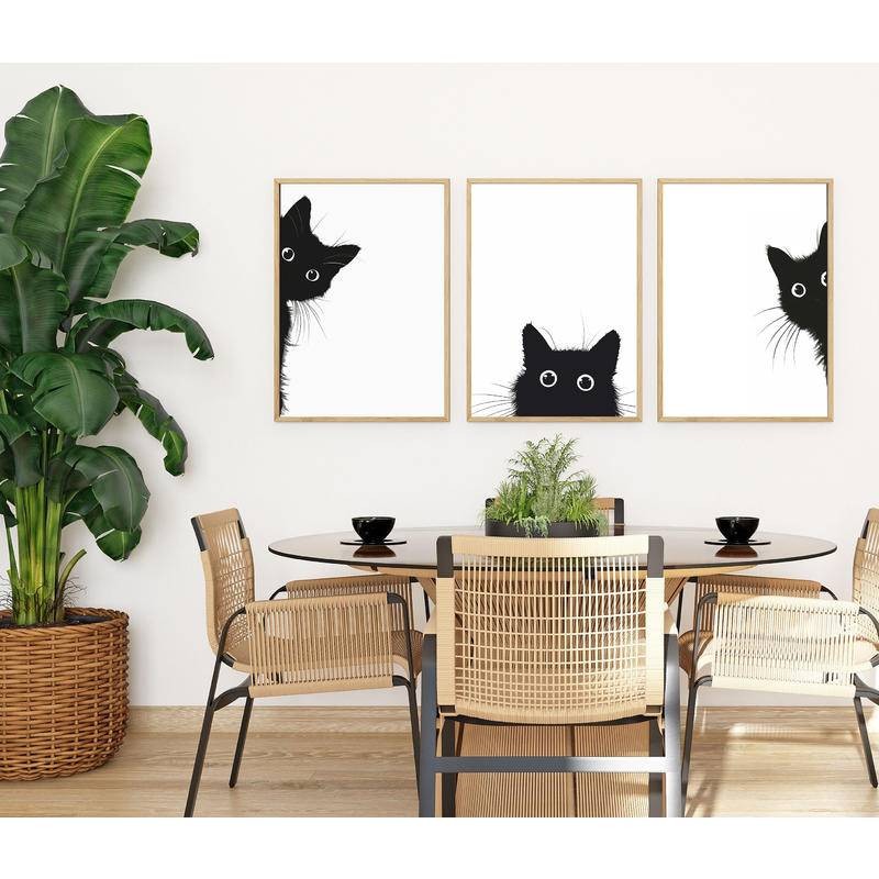 3PCS Peeking Black Cat Print Wall Art Poster Black and White Cat Wall Art Minimalist Cat Wall ...