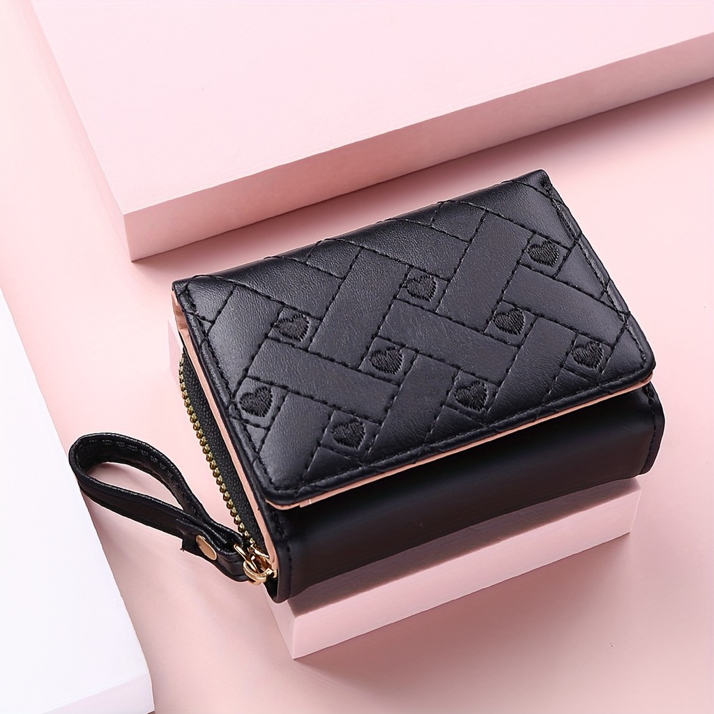 Women's Tri-fold Wallet with Embroidered Heart Design in Premium PU ...