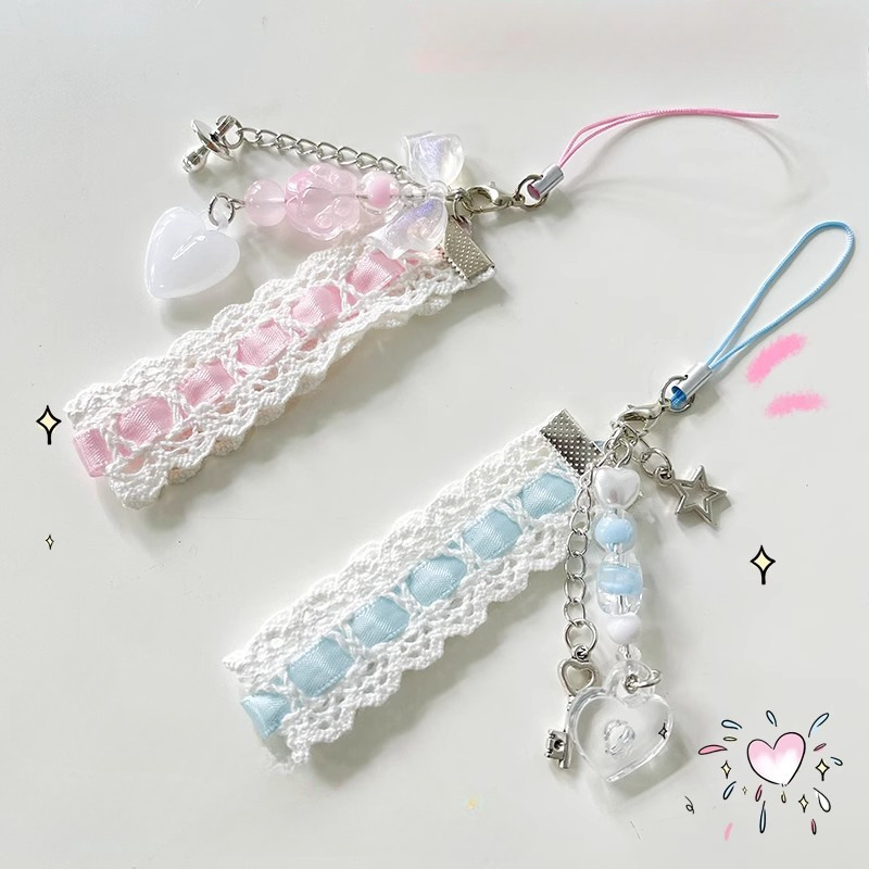 Pink Lace Ribbon Cat Claw Love Pendant Chain Lanyard for Mobile Phone ...