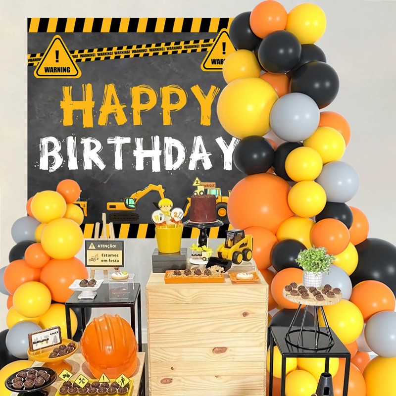 63pcs Construction theme Party Balloon Backdrop Set Black Orange ...