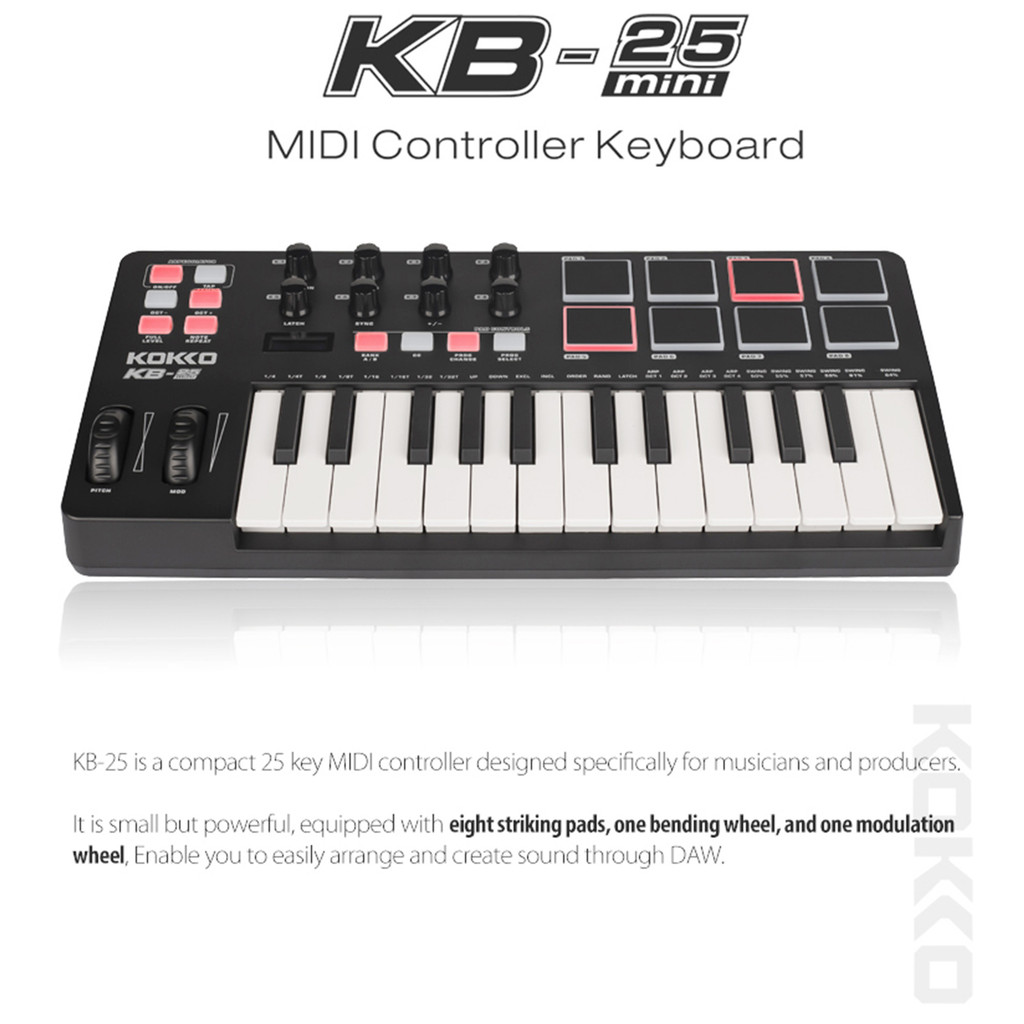 KOKKO KB-25 MIDI Keyboard Controller with 8 Backlit Pads 8 Knobs USB ...
