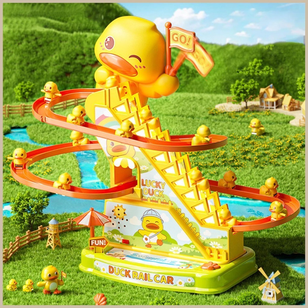 Duck Climbing Stairs Toy Cute Duck Roller Coaster Electric Track Slide ...
