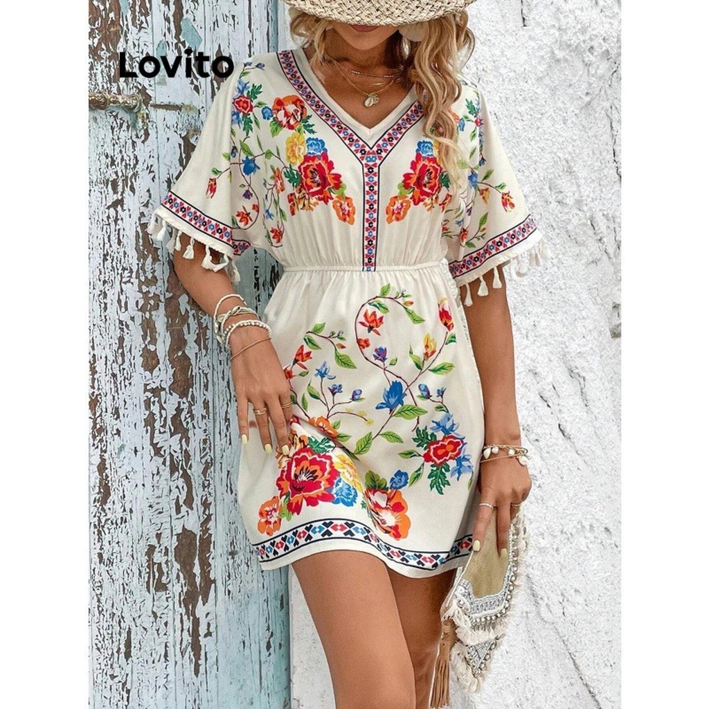 Lovito Women Boho Tribal Print Pattern Tassel Dress LNL77451 Shopee