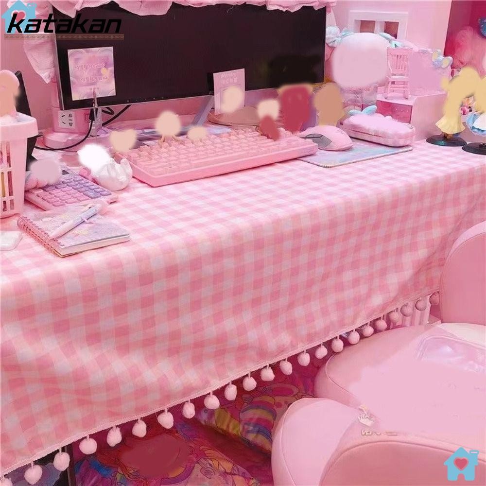 KATAKAN Plaid Desk Cloth, Kawaii Rectangular Girls Hot Pink Tablecloth ...