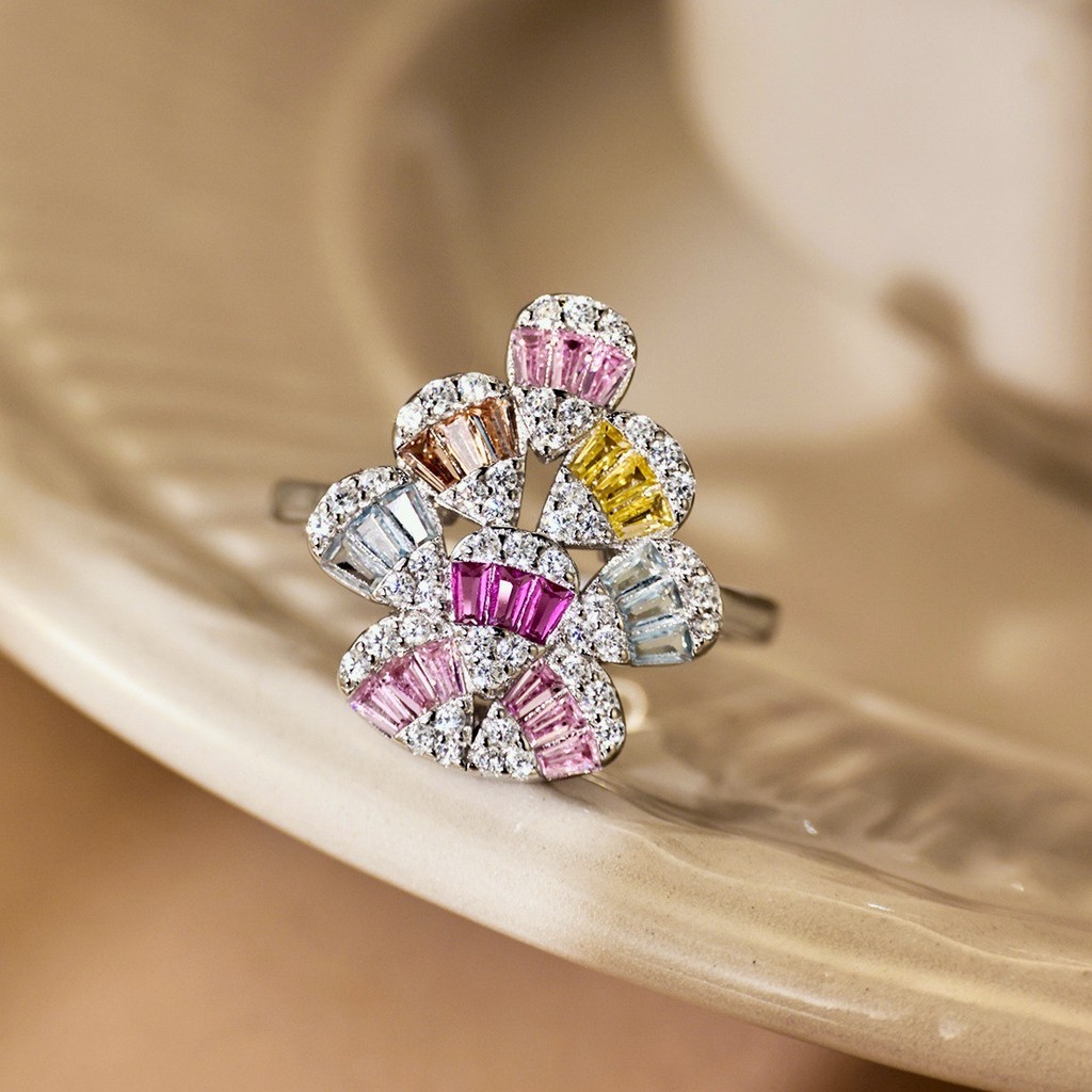S925 Sterling Silver Ring Inlaid Colorful Ladder Square Diamond Zircon ...