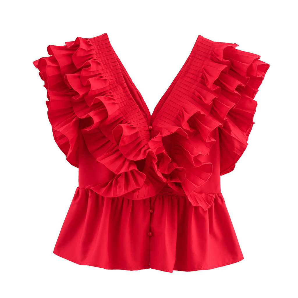 Fashion New Multi Layer Ruffle Edge Pleated Splicing V-neck Shirt 5316 ...
