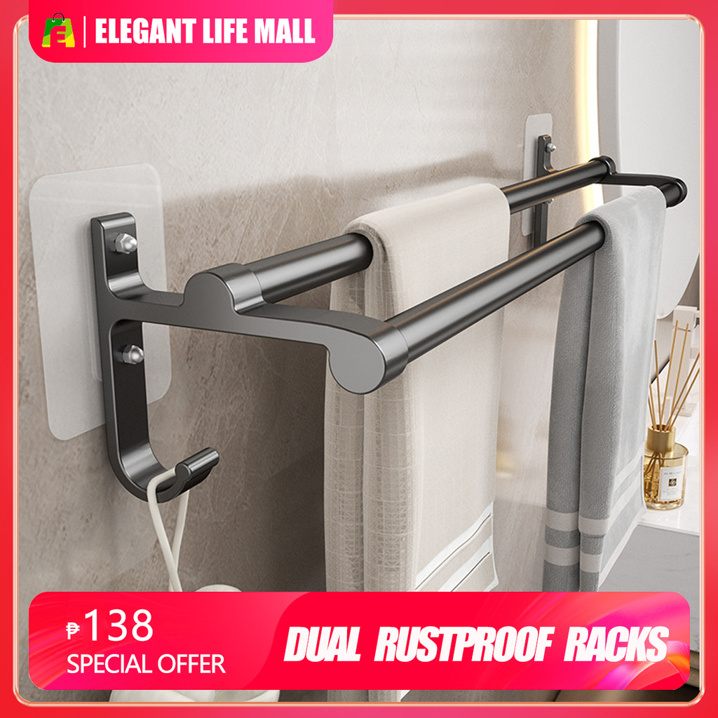 Aluminum Dual Towel Racks with Hook Bathroom Wall-mounted Towel Rack ...