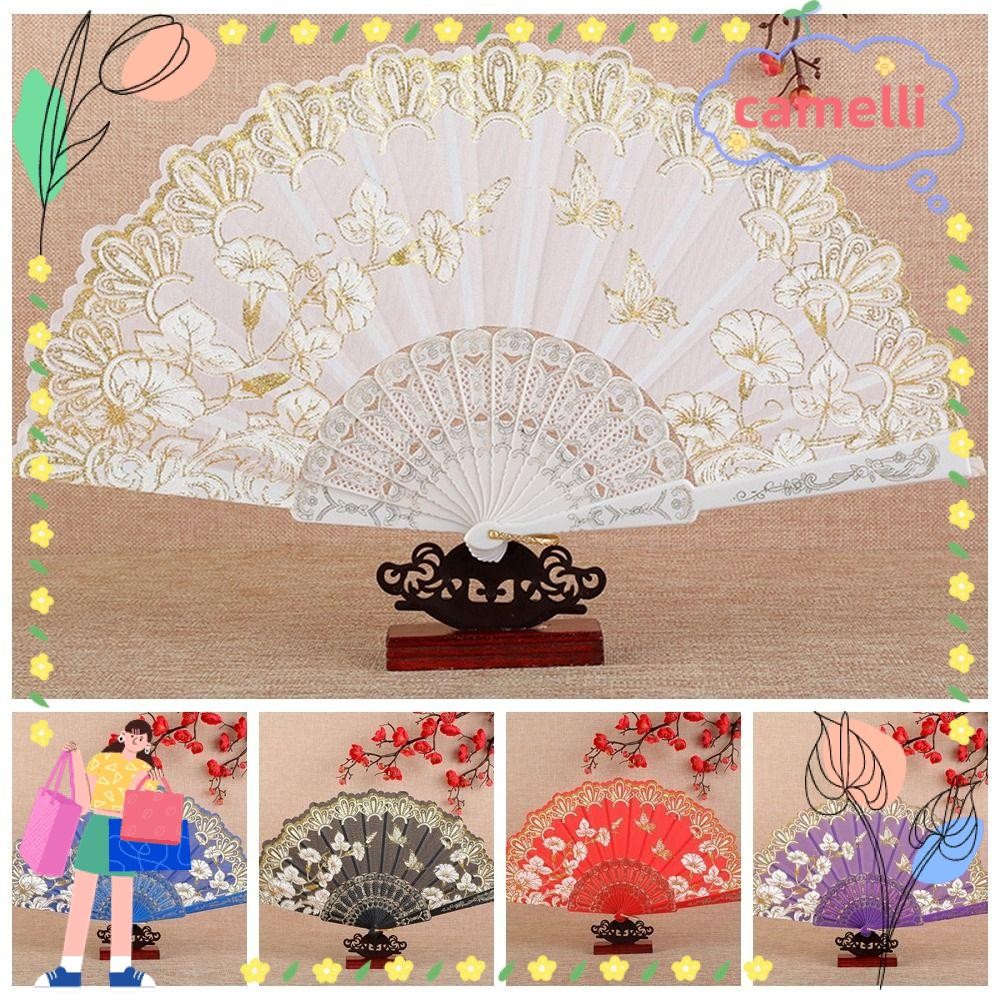 CAMELLI Antique Folding Fan, Dance Performance Props Chinese Style Hand