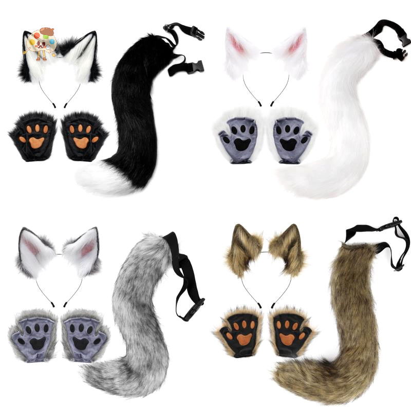 Faux Fur Fox Cat Ears Hair Headband Tail Gloves Set Fluffy Wolf Fox Cosplay Costume Hair
