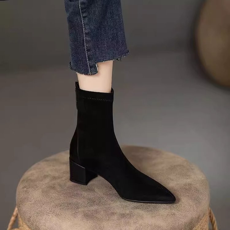 JUSTVINDO Women's Wide Calf Slouchy Boots - Pointed Toe Chunky Heel Mid Calf Boots For Fall/Winter