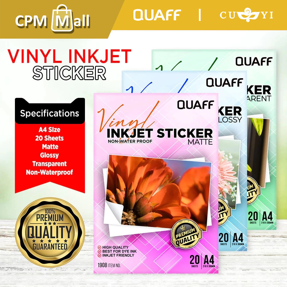 Quaff Vinyl Inkjet Sticker A4 Size Glossy/Matte/Transparent (20 Sheet ...