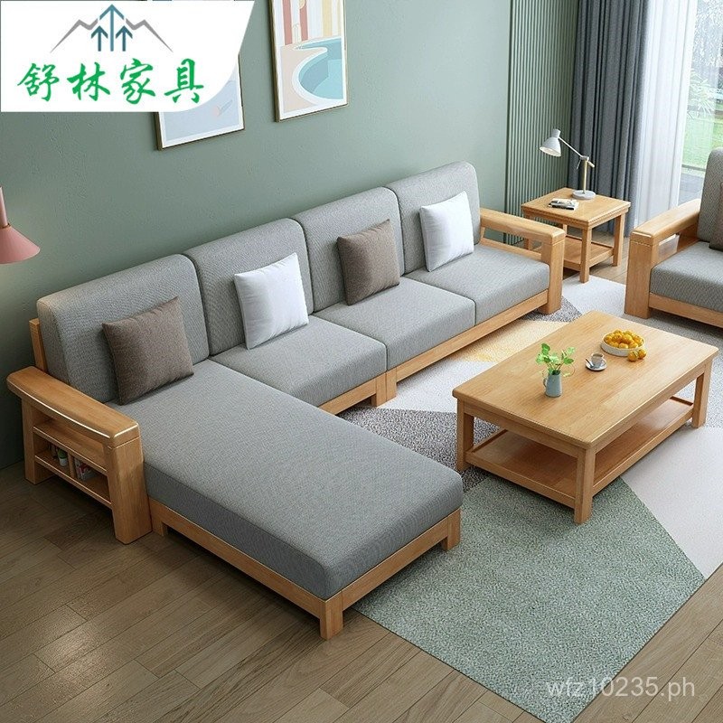 Sofa Set with Chaise Longue Solid Wood Assembly Small Apartment Real