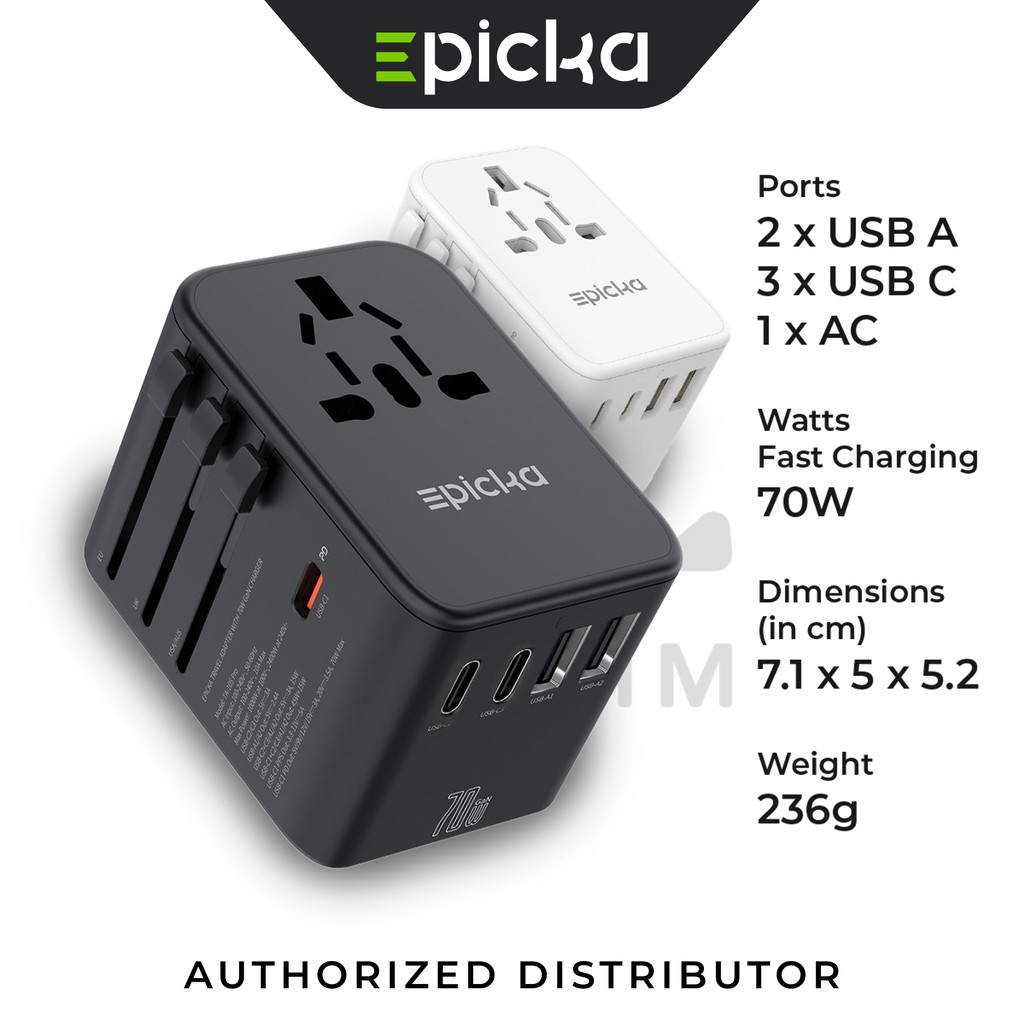 Epicka TA-105 Pro Universal Travel Adapter - 1 AC, 3 USB-C, 2 USB-A ...
