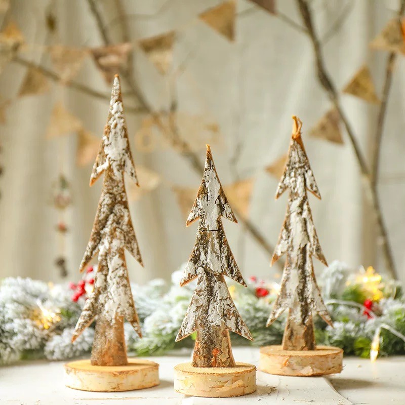 Mini Wooden Christmas Trees Set - Tabletop Decor with Wood Base, Rustic ...