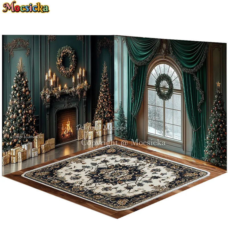 Mocsicka 3D Christmas Fireplace Room Background Photography Xmas Tree ...