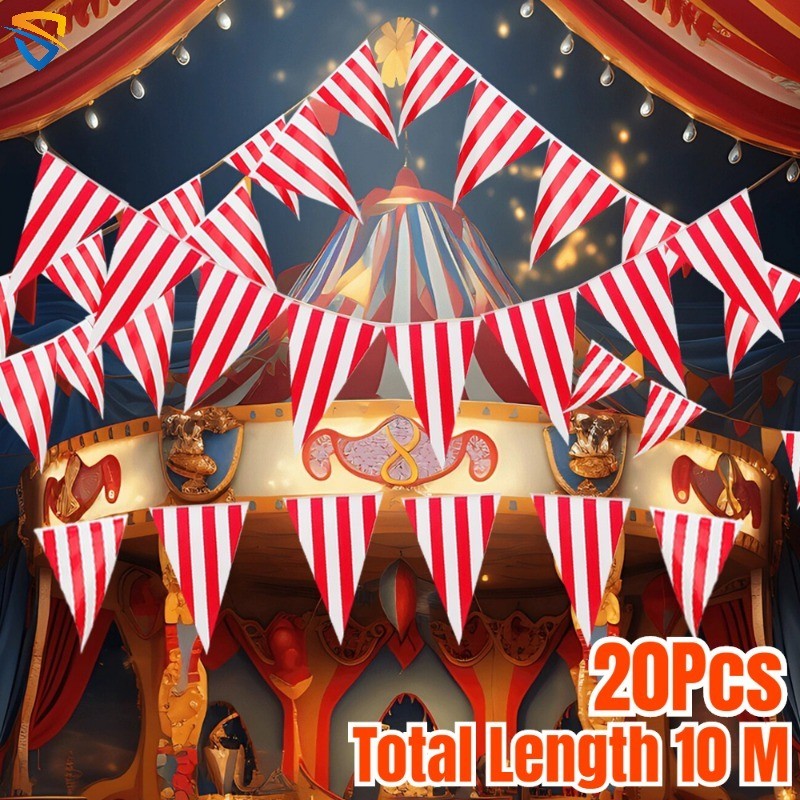 20Pcs 10M Home Birthday Party Garden Hanging Banners Red White Striped ...