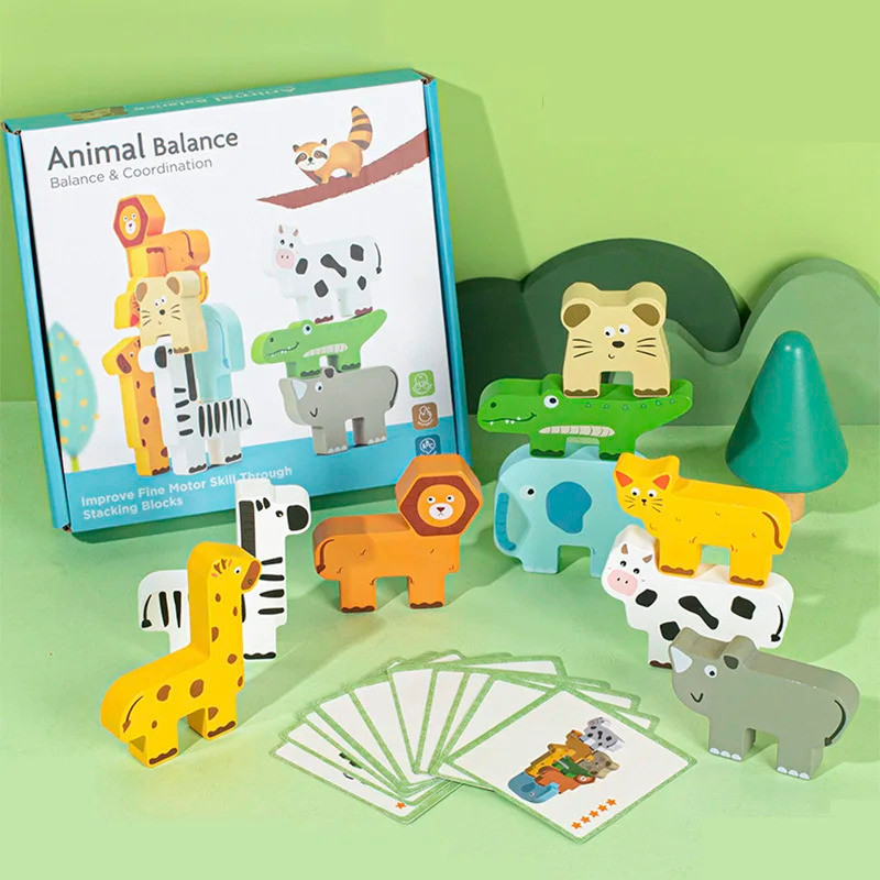 Wooden Animal Stacking Block Game Shape Matching Puzzle Balance Toy ...