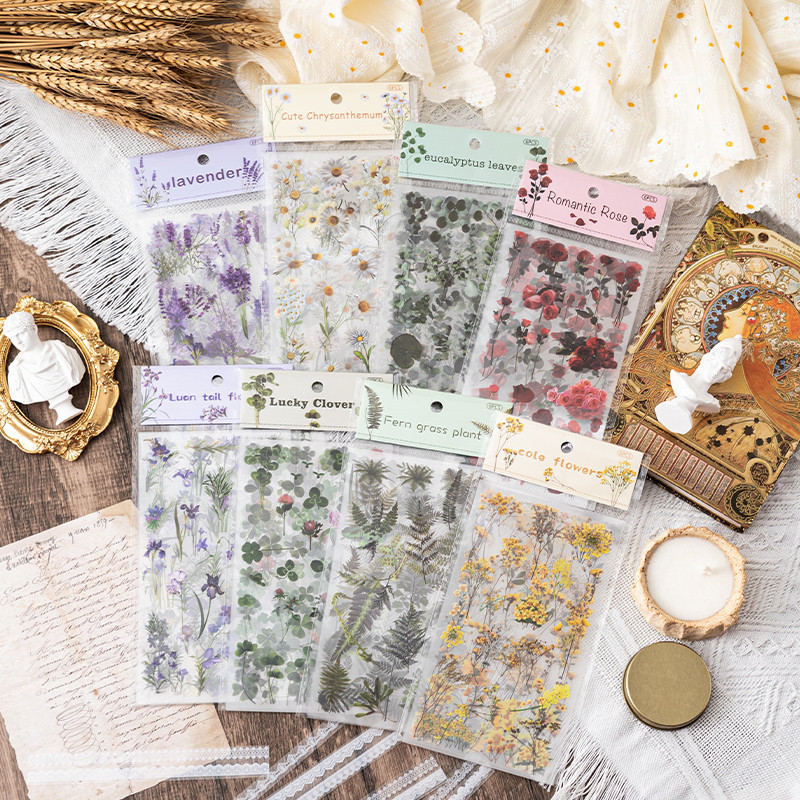 6 Sheets Vintage Flower and Plant Stickers Transparent Waterproof PET ...