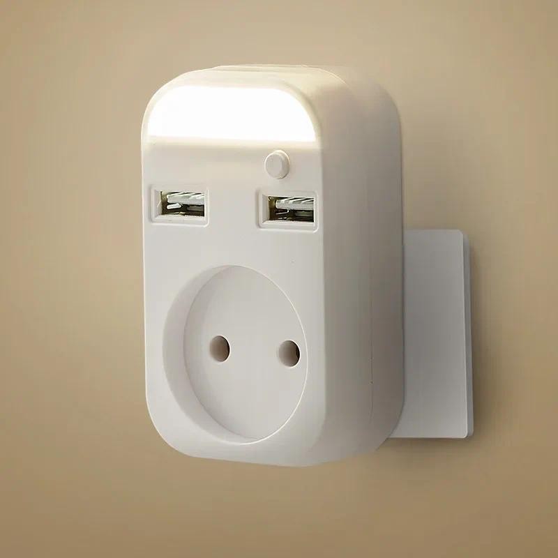 Wall Plug EU Adapter Socket with 6W Night Light 2 USB Ports for Phone