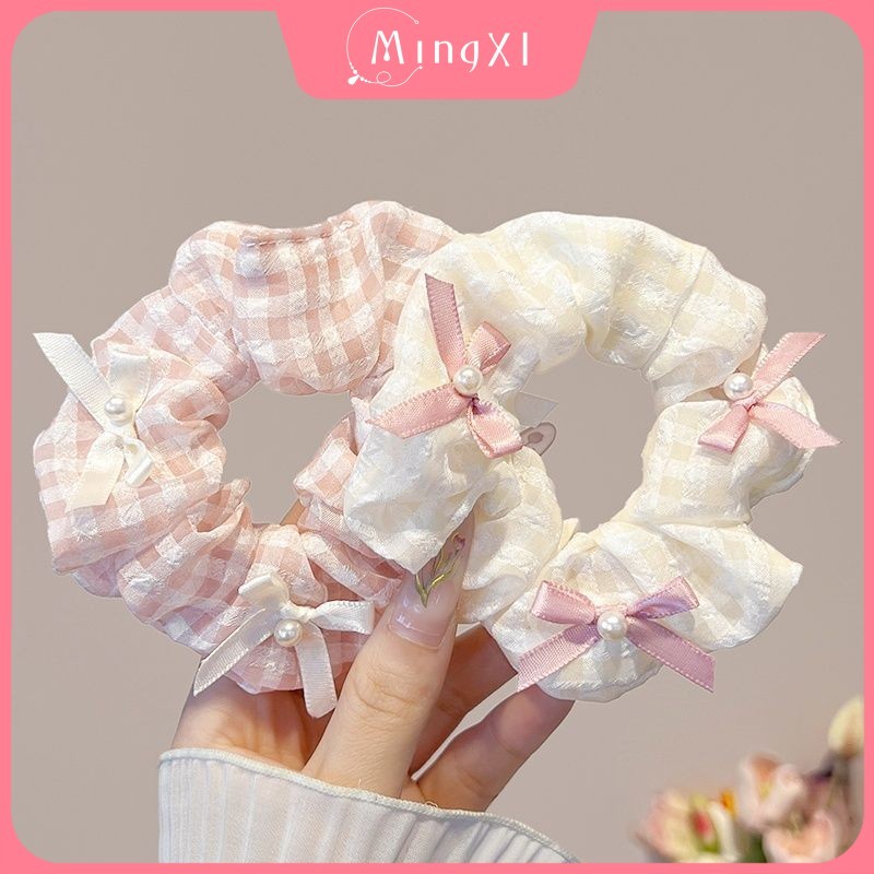 Pink White Plaid Bow Hair Ring Female Sweet Style Scrunchies Rubber ...