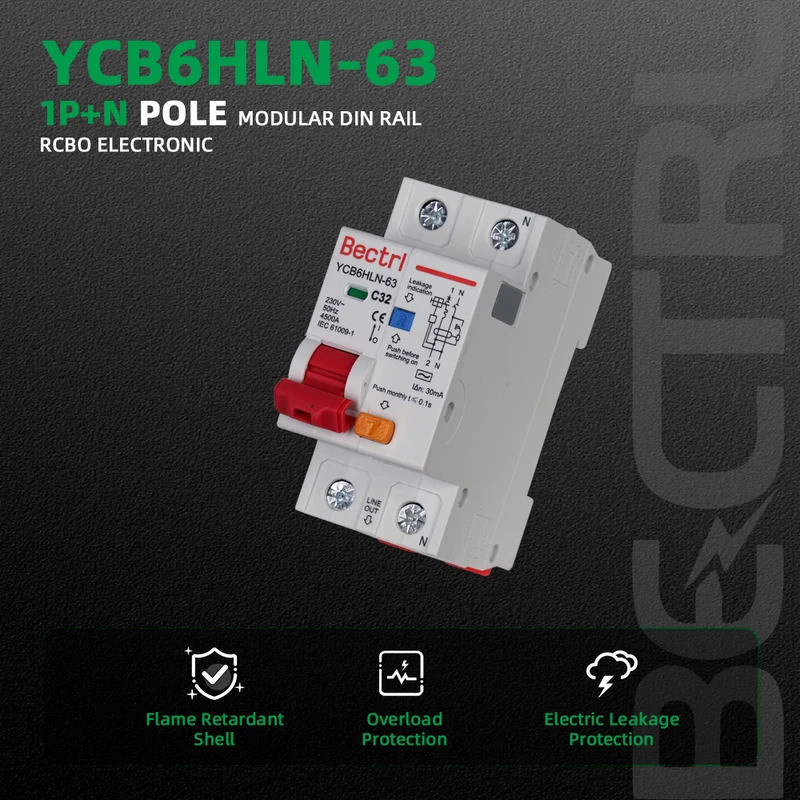 YCB6HLN-63 30mA 1P N RCBO MCB Residual Current Circuit Breaker 230V 50 ...