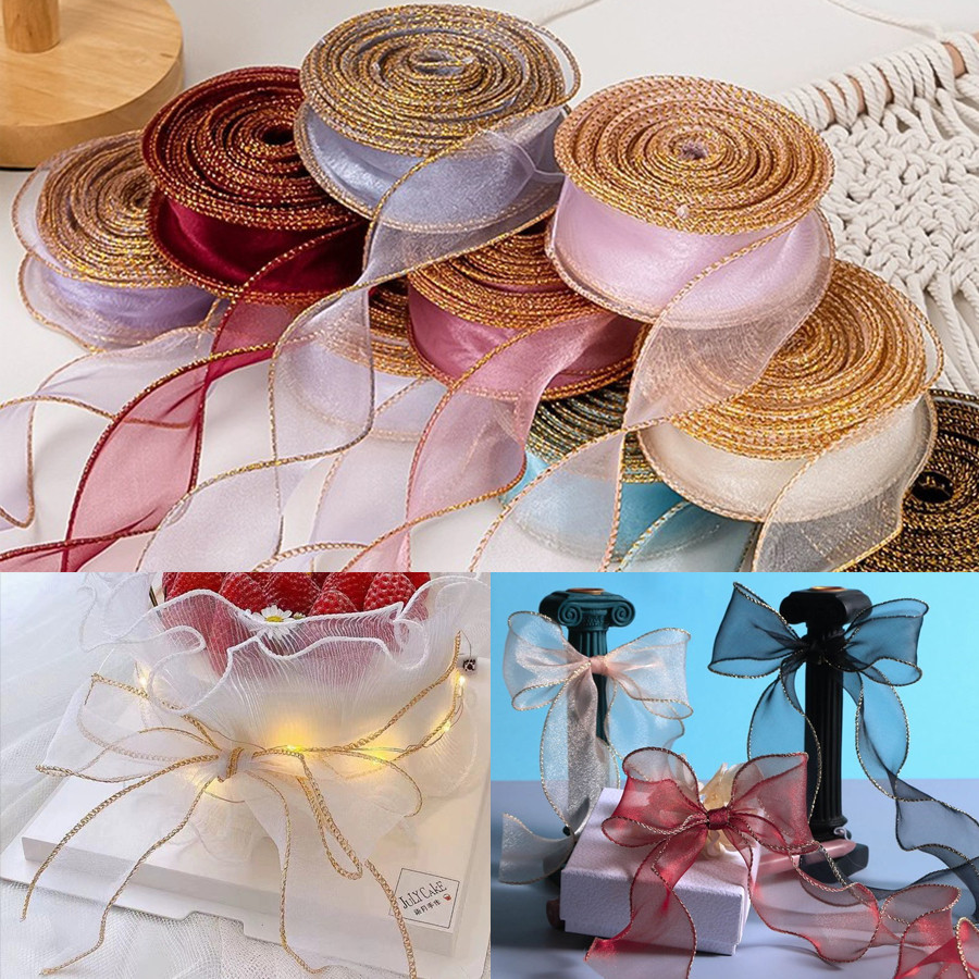 4CM Organza Ribbon, Wired Ribbon for Crafts with Gold Edge, Curling ...