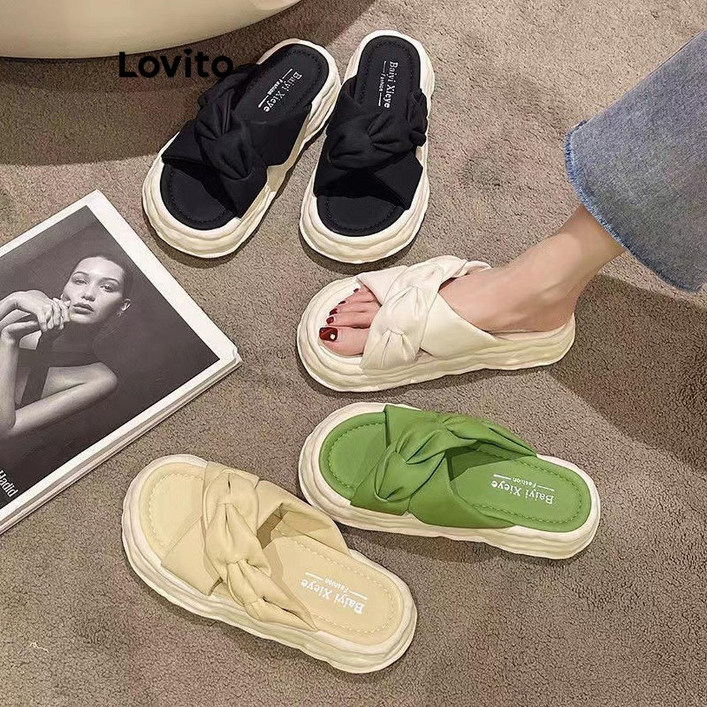 Lovito Women Plain Colorblock Plicated Soft Sole Antiskid Flat Sandal ...