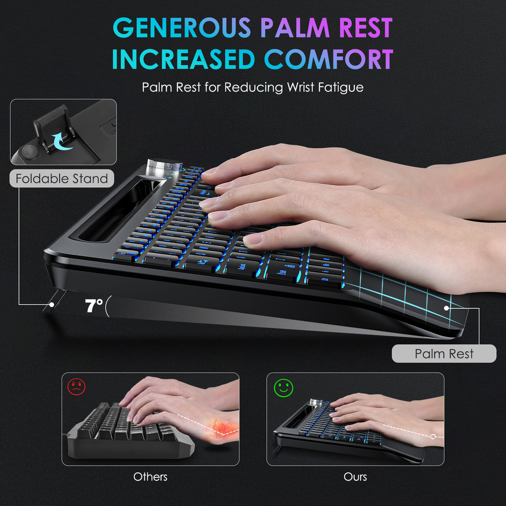 2.4G Wireless Keyboard and Mouse Set Full Size Rechargeable 7 Colors ...