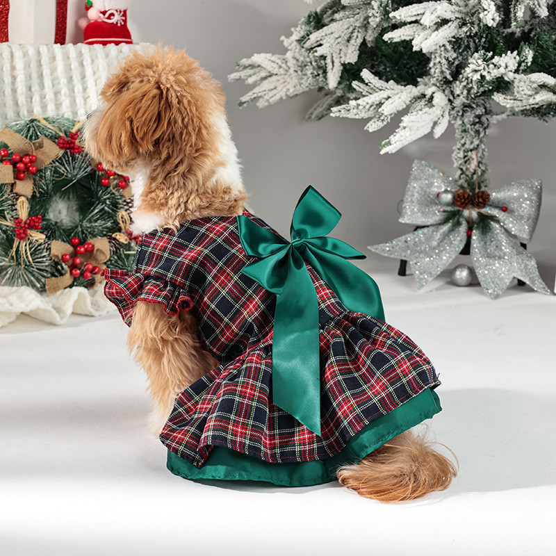 Dog Clothes Christmas Green Bowknot Cat Dress Red Plaid Princess Pet