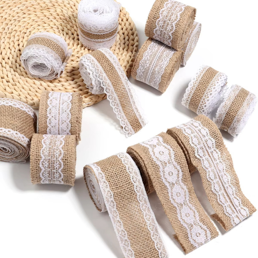 2m/roll 5cm Natural Jute Burlap with White Lace Rustic Vintage Wedding ...