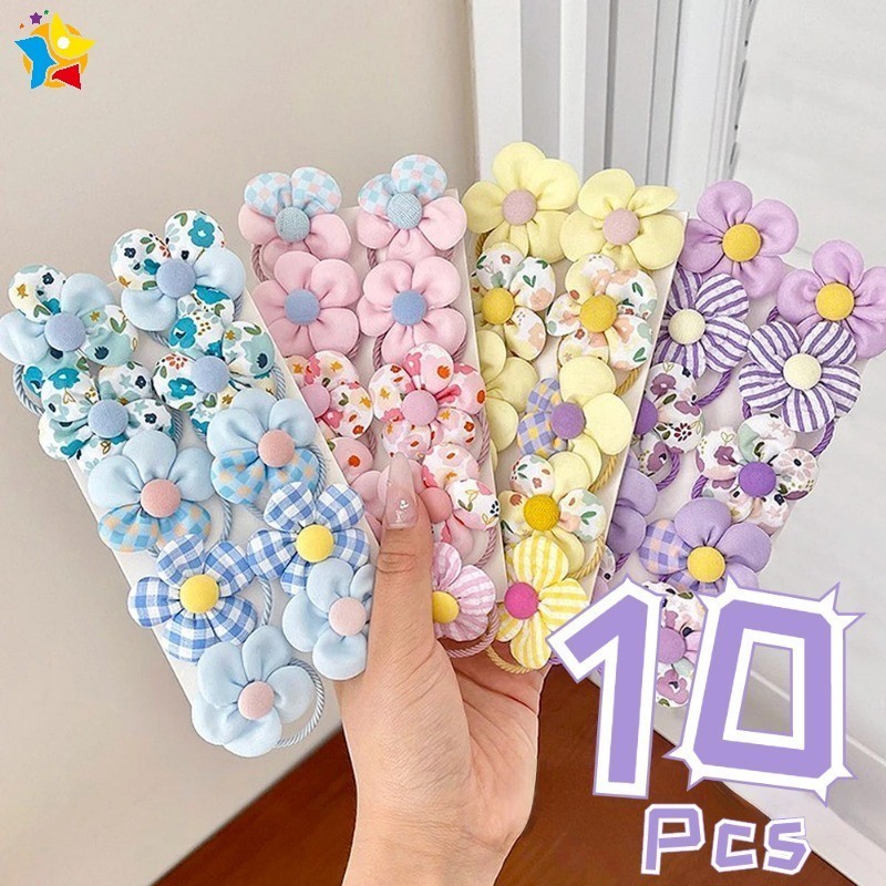 10Pcs/Set Colorful Flower Hair Ties Sweet Elastic Ponytail Holders Kids Girls Cute Soft Rubber