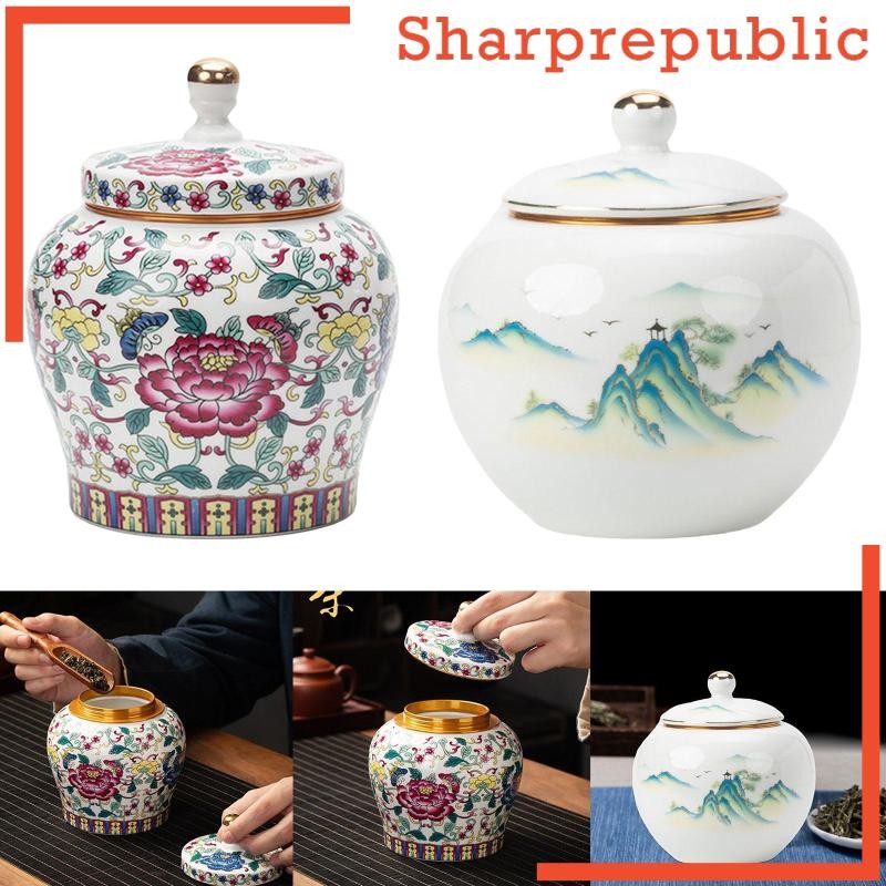 [Sharprepublic] Porcelain Tea Canister Airtight Lid Chinese Temple Jar