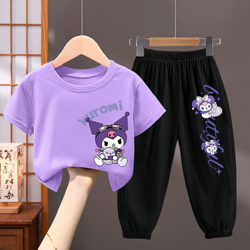 Girls Black Kuromi Printed Summer T-Shirt & Pants Set – Cute Casual Outfit main image 1