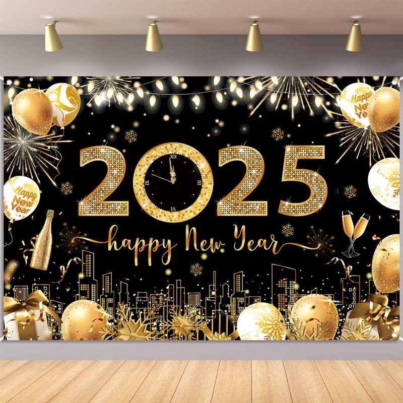 150*100CM New Year Backdrop Black Gold 2025 Number Balloon Pattern ...