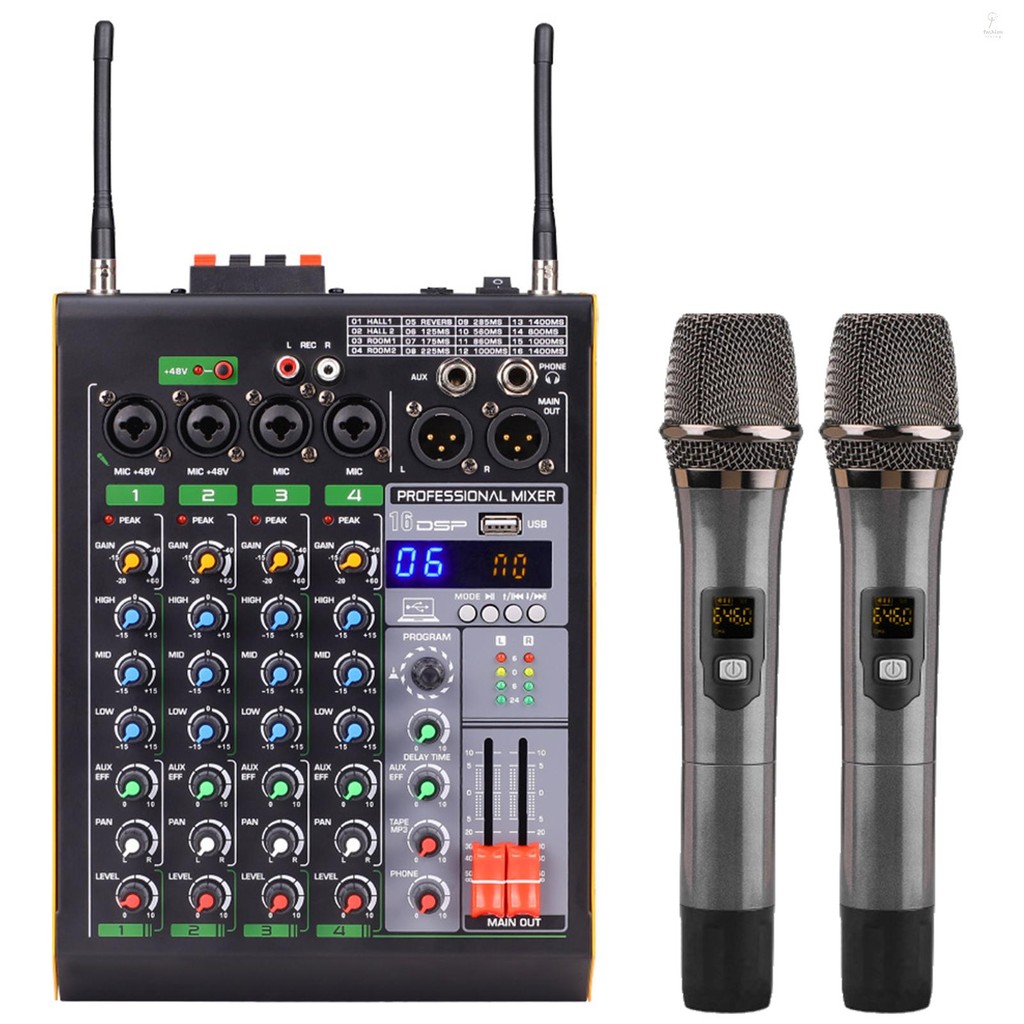 Professional 4-Channel BT Audio Mixer with 2 Wireless Microphones LED ...