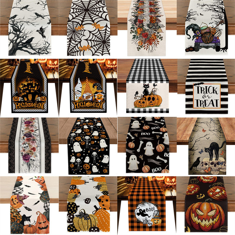 Halloween Decorations Table Runner for Home Pumpkin Bat Flag Cloth
