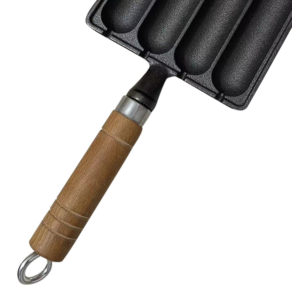 Cast Iron Pot for Grilled Sausage with Wooden Handle Hot Dog Mold Pan