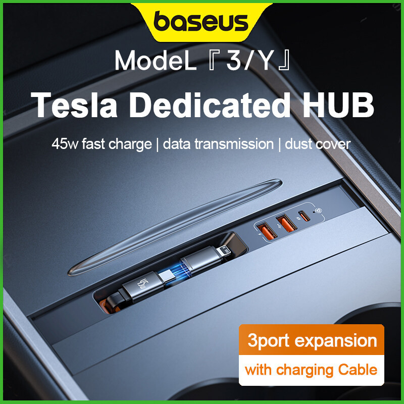 Baseus HUB For Tesla Cars 2-in-1 Retractable Cable USB Type-C PD 45W ...
